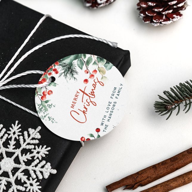 Étiquettes Cadeau Élégante verdure hivernale Joyeux Noël (Créateur téléchargé)