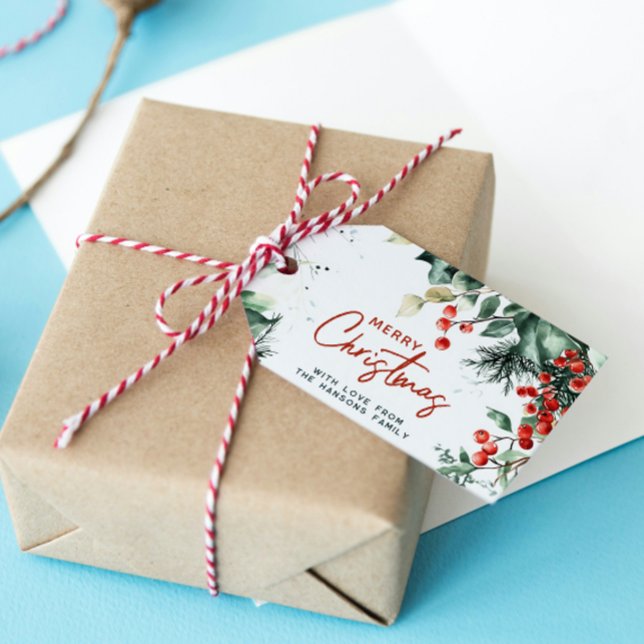 Étiquettes-cadeau Élégante verdure hivernale Joyeux Noël personnalis (Créateur téléchargé)