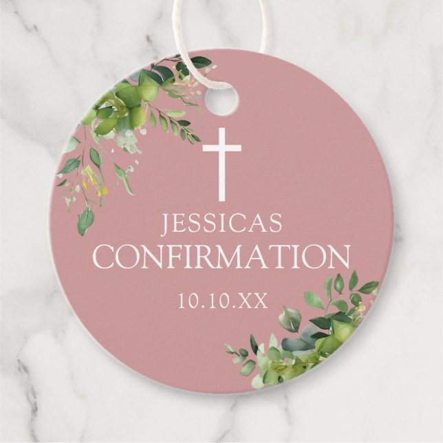 Étiquettes Cadeau Élégante verdure rose poudré confirmation rose (Devant)