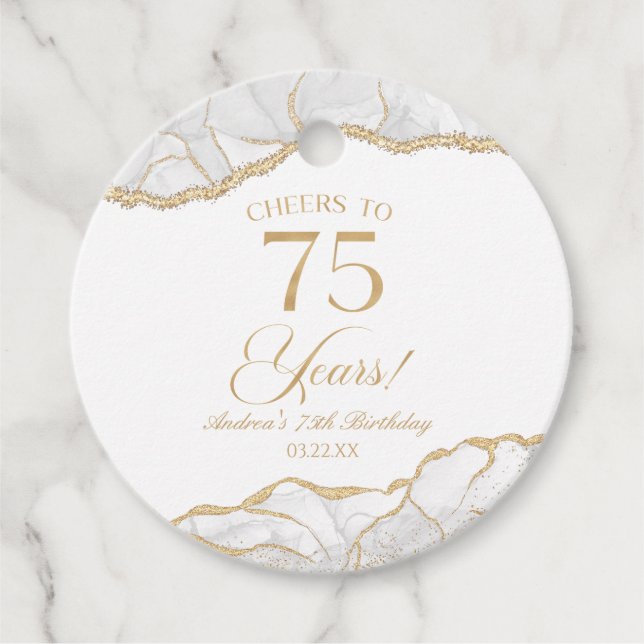 Étiquettes Cadeau Elégante White Gold Agate 75e fête d'anniversaire (Devant)