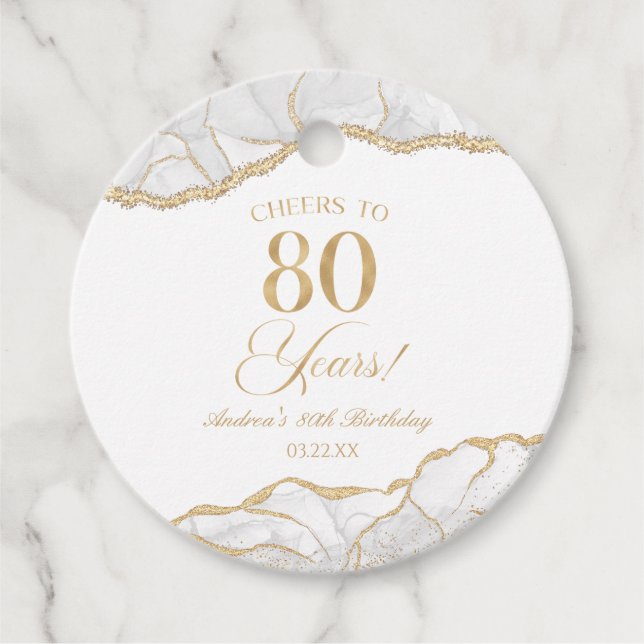 Étiquettes Cadeau Elégante White Gold Agate 80e fête d'anniversaire (Devant)