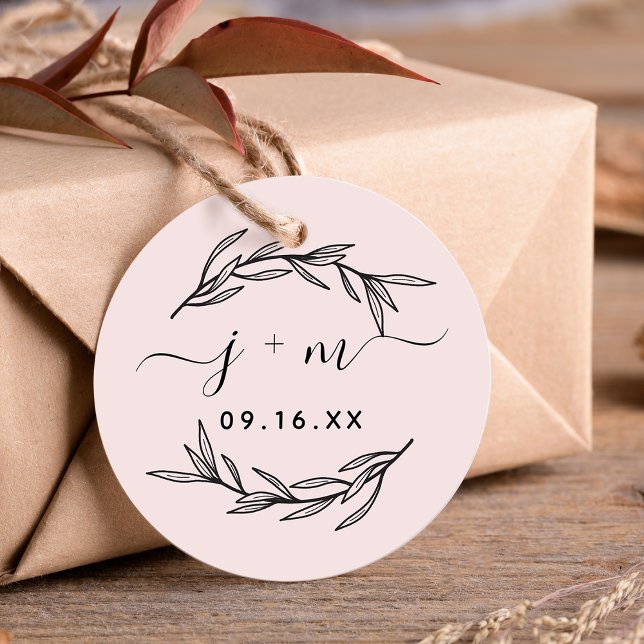 Étiquettes Cadeau Élégantes initiales de script de feuilles de lauri (Elegant Laurel Leaves Script Initials Wedding Favor Tags)