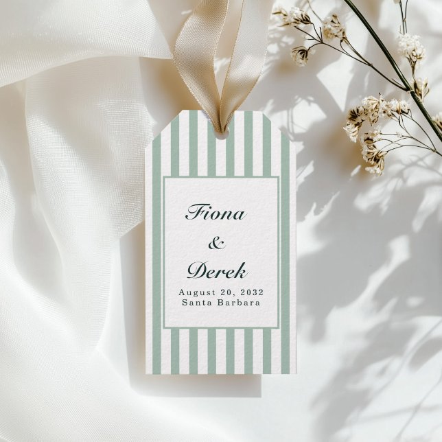 Étiquettes-cadeau Élégantes Rayures Vertes Mariage  (Elegant Green Stripes Wedding Gift Tags)