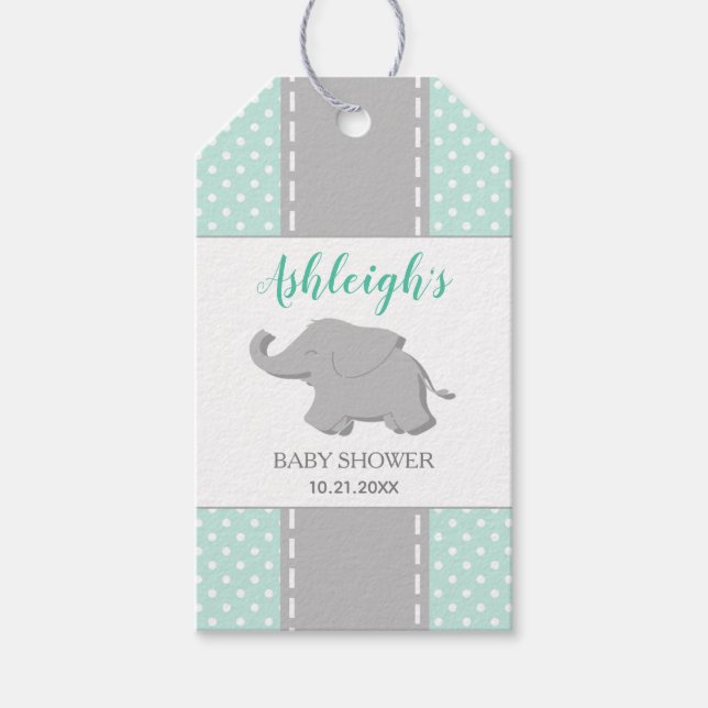 Étiquettes-cadeau Élément de Fête Bébé Mint Vert à Points de Éléphan (Devant)