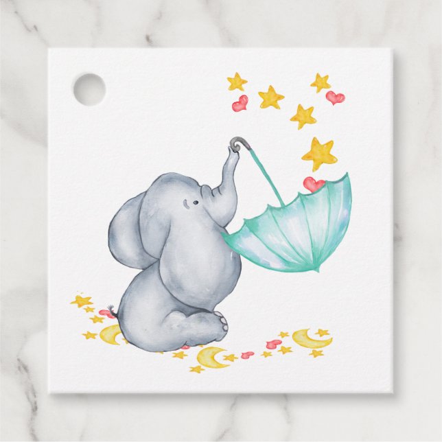 Étiquettes Cadeau Eléphant avec parapluie mignon Baby shower neutre (Devant)