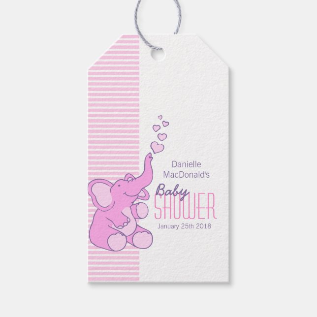 Étiquettes-cadeau Eléphant baby shower cadeaux marque rose (Devant)