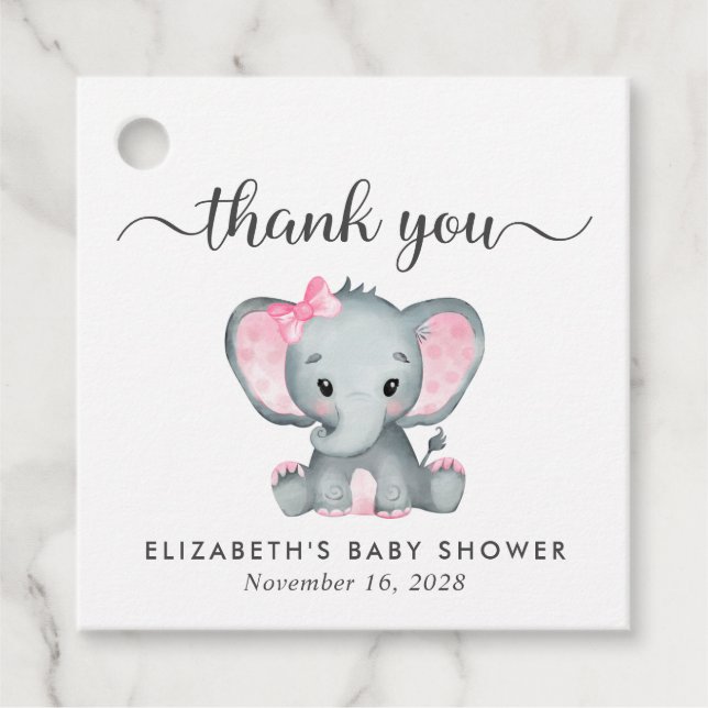 Étiquettes Cadeau Eléphant bébé fille douche Merci (Devant)