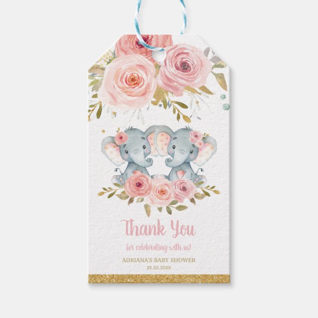 Étiquettes-cadeau Eléphant Blush rose Floral Twins Baby shower Favor (Devant)