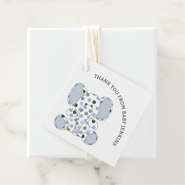 Étiquettes Cadeau Éléphant de bébé bleu (En situation)