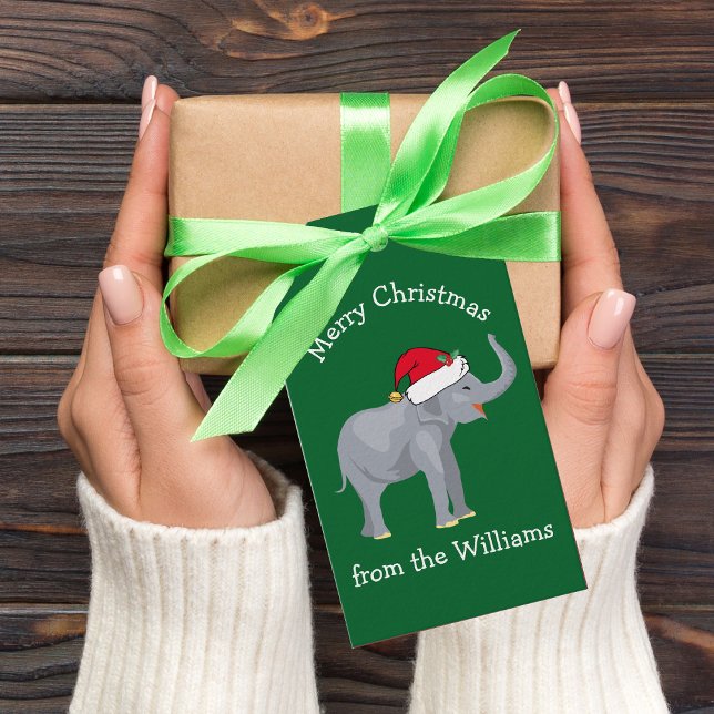 Étiquettes-cadeau Elephant de Noël Cute Custom Green Enfants (Créateur téléchargé)