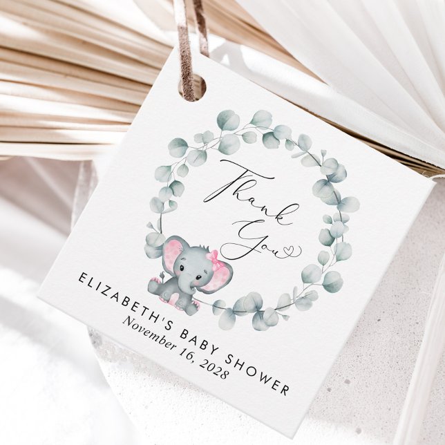 Étiquettes Cadeau Eléphant Eucalyptus Baby Girl Douche Merci (Créateur téléchargé)
