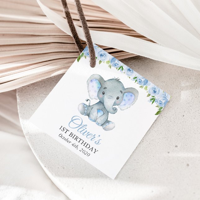Étiquettes Cadeau Eléphant, Fleurs d'aquarelle bleue, premier annive (Créateur téléchargé)