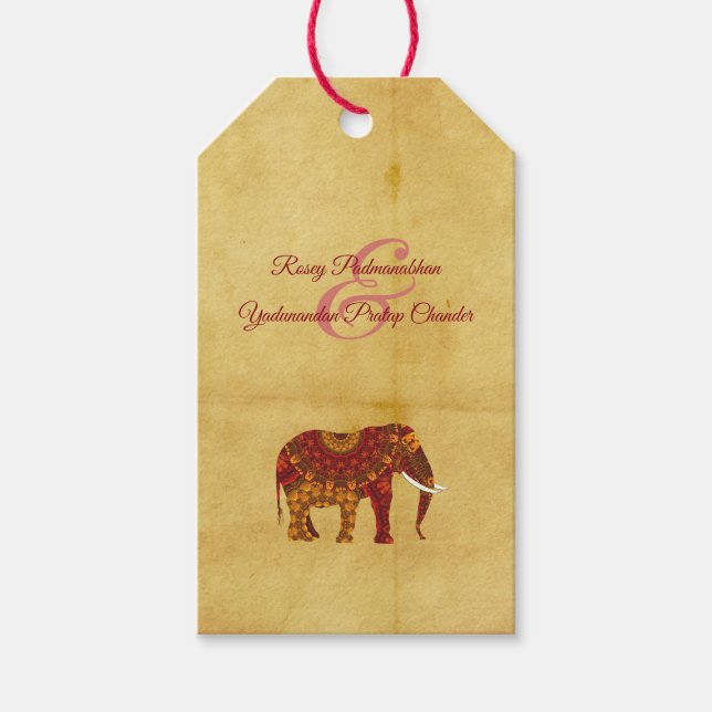 Étiquettes-cadeau Eléphant Indien Orné Rustique (Devant)