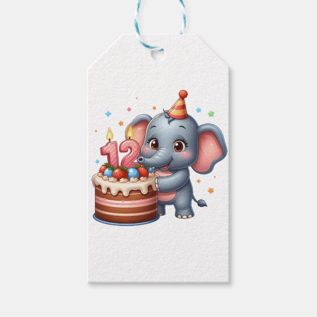 Étiquettes-cadeau Éléphant Mignon 12e Anniversaire (Devant)