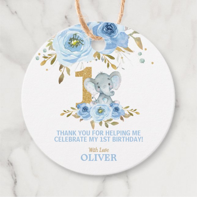 Étiquettes Cadeau Eléphant mignon 1er anniversaire Merci floral bleu (Devant)