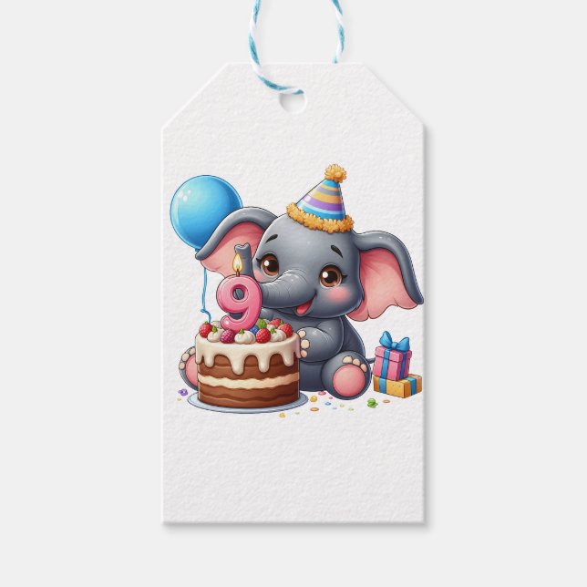 Étiquettes-cadeau Éléphant Mignon 9e Anniversaire (Devant)