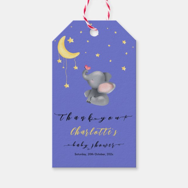 Étiquettes-cadeau Eléphant mignon avec petit Baby shower papillon (Devant)
