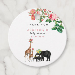 Étiquettes Cadeau Eléphant mignon & Giraffe Fille Baby shower Floral