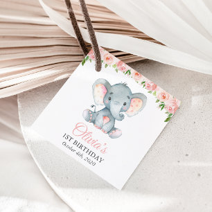 Étiquettes Cadeau Elephant, Pink Watercolor Flowers, First Birthday