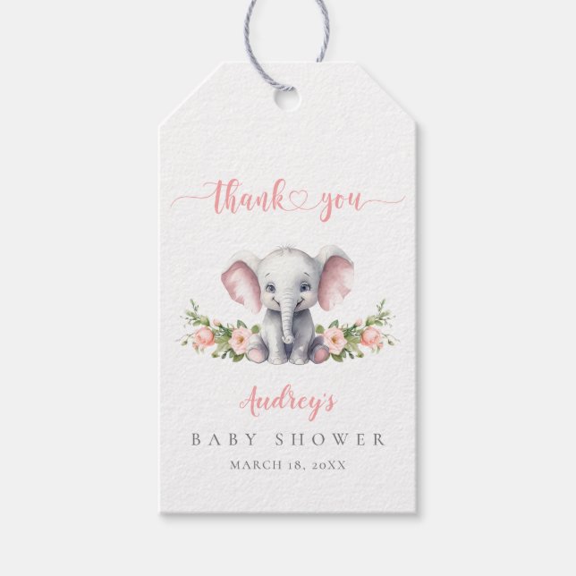 Étiquettes-cadeau Eléphant rose mignon bébé fille Merci douche (Devant)
