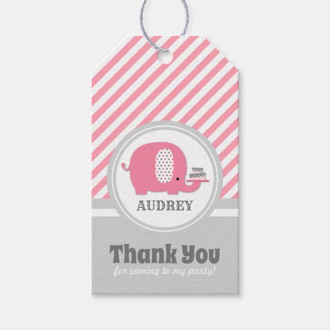 Étiquettes-cadeau Eléphant rose mignon premier anniversaire (Devant)