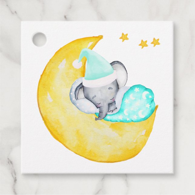Étiquettes Cadeau Eléphant sur la lune Cute Baby shower neutre (Devant)