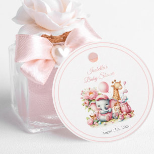 Étiquettes Cadeau Éléphanteau et girafe fille rose pour Baby Shower
