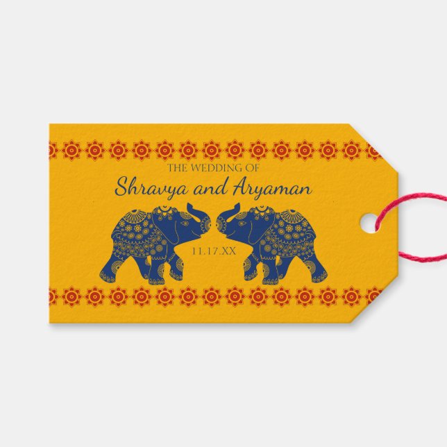 Étiquettes-cadeau Eléphants à thème indiens en Mariage bleu royal (Devant (Horizontal))