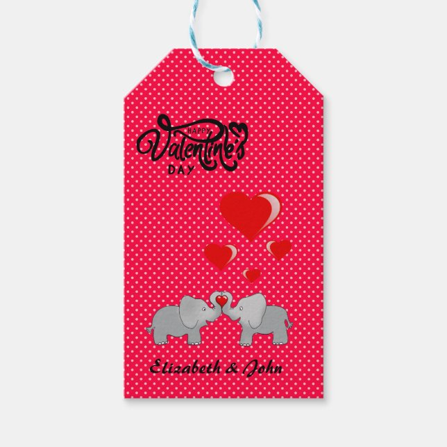 Étiquettes-cadeau Éléphants Romantiques & Cœurs Rouges Sur Points  (Devant)