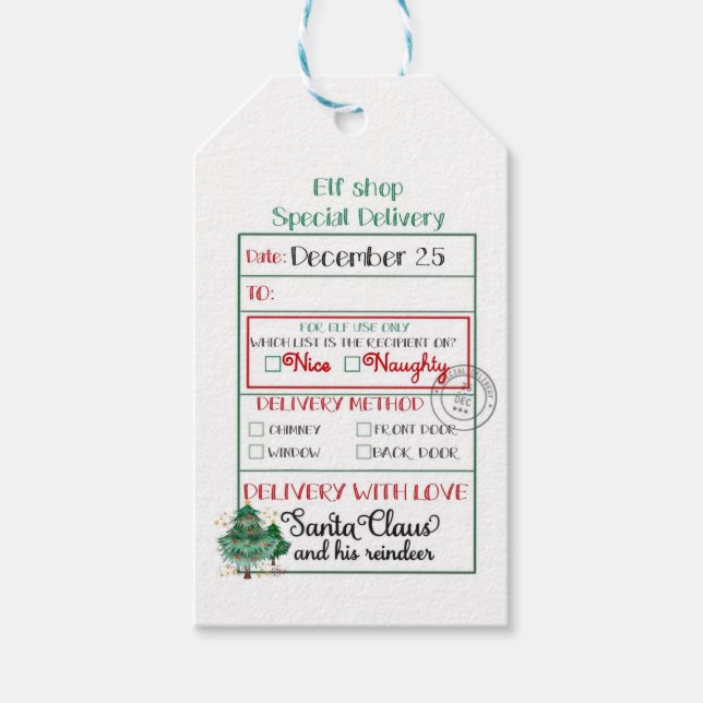 Étiquettes-cadeau Elf Shop Livraison spéciale Arbres Nice ou coquine (Devant)
