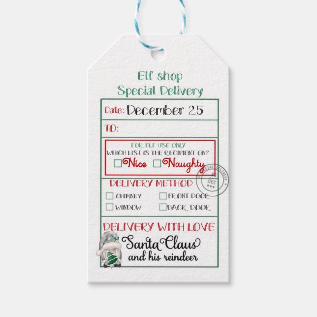 Étiquettes-cadeau Elf Shop Livraison spéciale Gnome Nice ou Naughty (Devant)