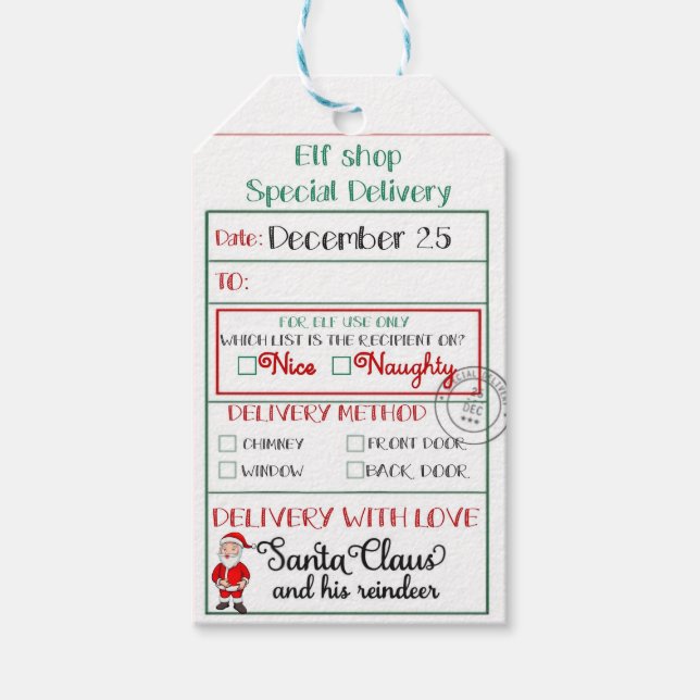 Étiquettes-cadeau Elf Shop Livraison spéciale Père Noël Nice ou Naug (Devant)