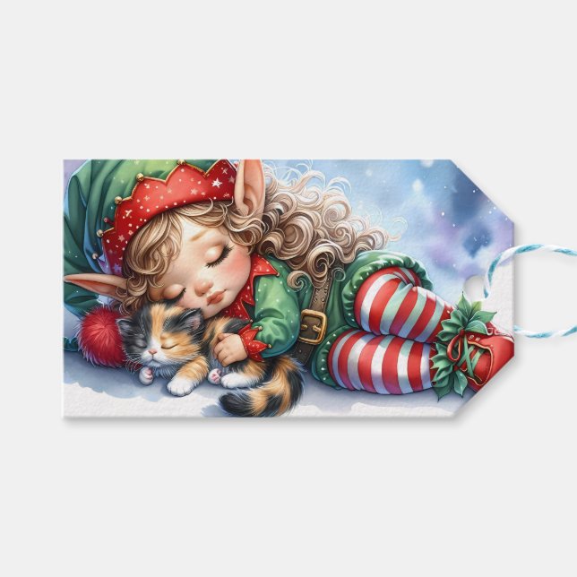 Étiquettes-cadeau Elfe de Noël couché avec Calico Kitten (Devant (Horizontal))