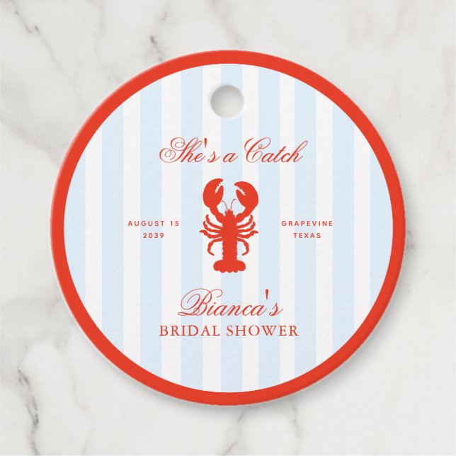 Étiquettes Cadeau Elle est prise Homard rouge et bleu Fête prénatale (Devant)