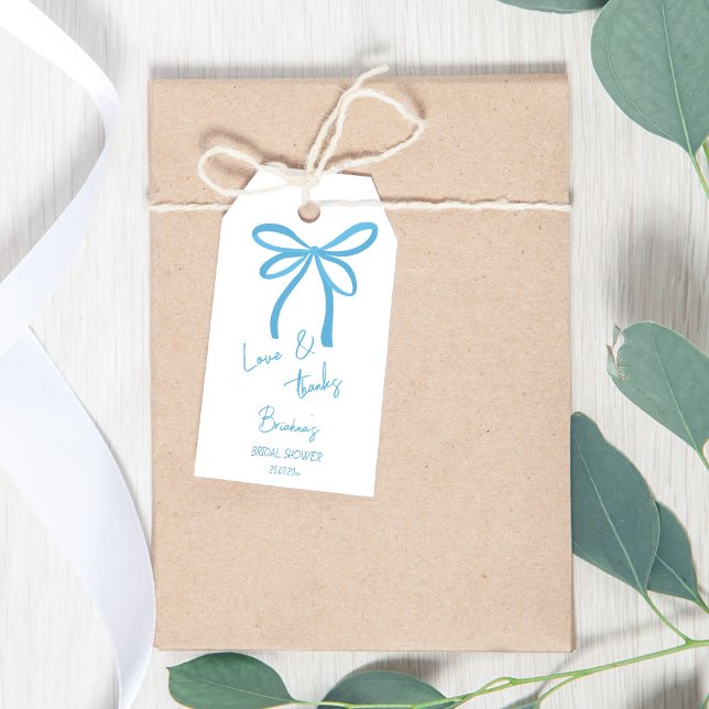Étiquettes-cadeau Elle noue la faveur de l'arc en ruban bleu noeud (She's tying the knot blue ribbon bow preppy coquette bridal shower thank you favor gift tags)