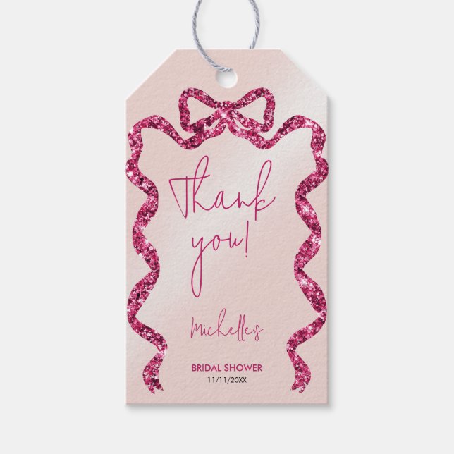 Étiquettes-cadeau Elle noue le nœud rose chic merci (Devant)