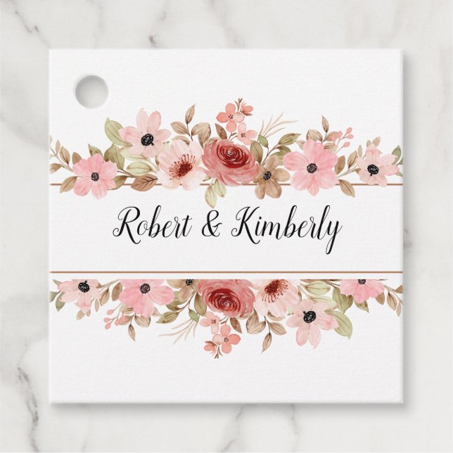 Étiquettes Cadeau ELLE Rose Fleur Élégant Mariage (Devant)