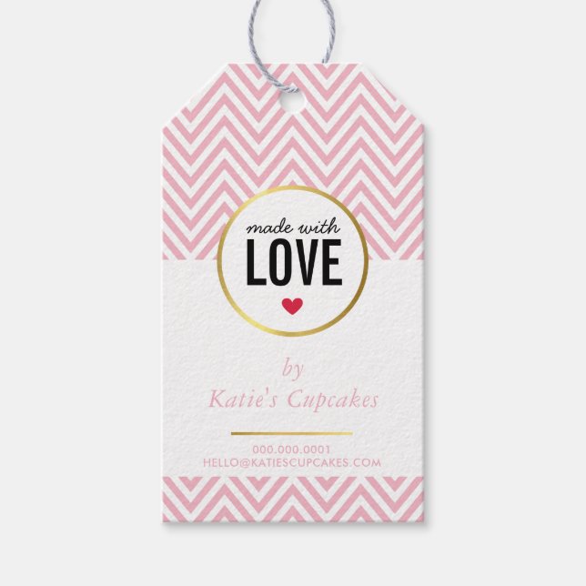 Étiquettes-cadeau EMBALLAGE D'AFFAIRES fait avec amour chevron rose (Devant)