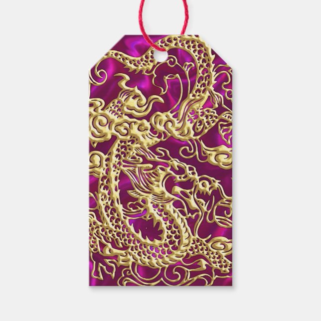 Étiquettes-cadeau Embossé Dragon Or Magenta Satin Impression (Devant)
