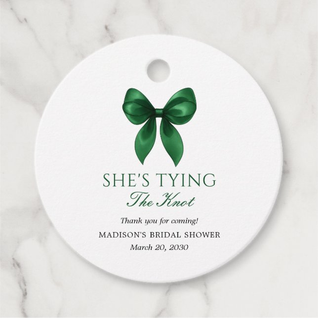 Étiquettes Cadeau Emerald Bow Elle noue le nœud de la mariée Shower (Devant)