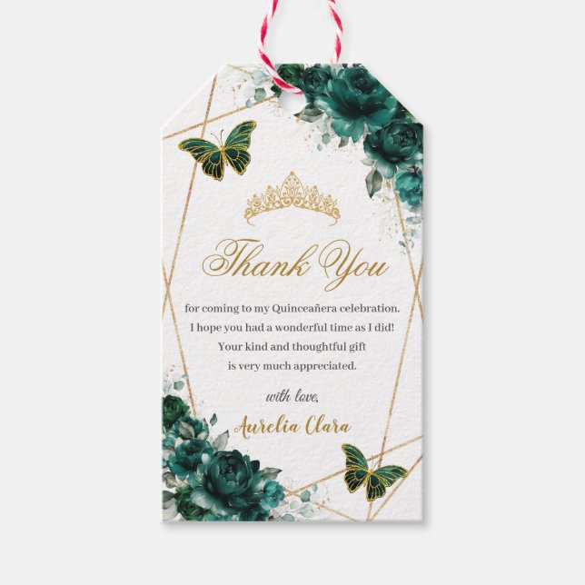 Étiquettes-cadeau Emerald Green Butterflies Quince Anniversaire (Devant)