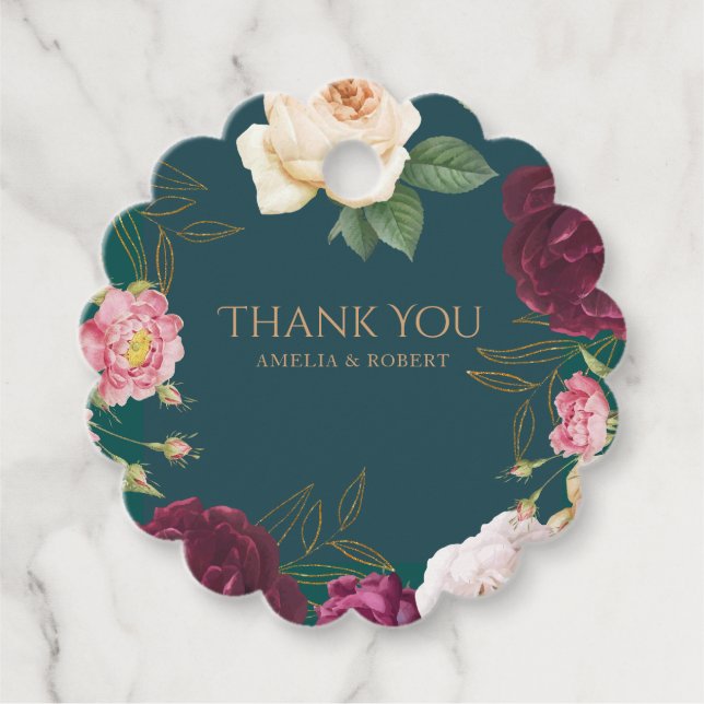 Étiquettes Cadeau Emerald Green et or Floral Mariage (Devant)