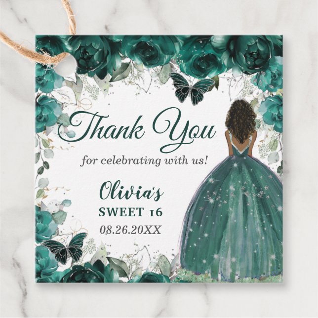 Étiquettes Cadeau Emerald Green Floral Butterflies Brown Princess (Devant)