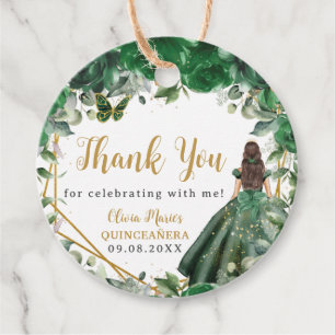 Étiquettes Cadeau Emerald Green Floral Princess Gold Quinceañera