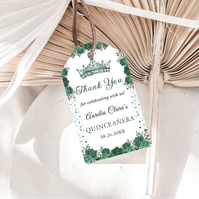 Étiquettes-cadeau Emerald Green Floral Quinceañera Merci (Créateur téléchargé)