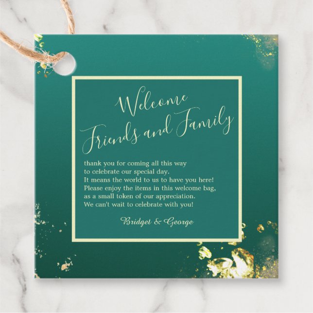 Étiquettes Cadeau émeraude or vert bijou mariage (Devant)