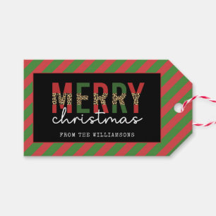 Étiquettes-cadeau Empreinte de léopard de Noël moderne Red Green Str