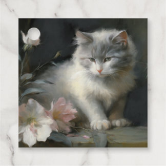 Étiquettes Cadeau En Compagnie De Fleurs Gris et Blanc Kitten
