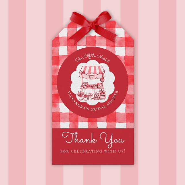 Étiquettes-cadeau En dehors du marché des agriculteurs Rouge 2 Moder (shes off the market bridal shower gift tag red farmer stand hand drawn rustic outdoors picnic)