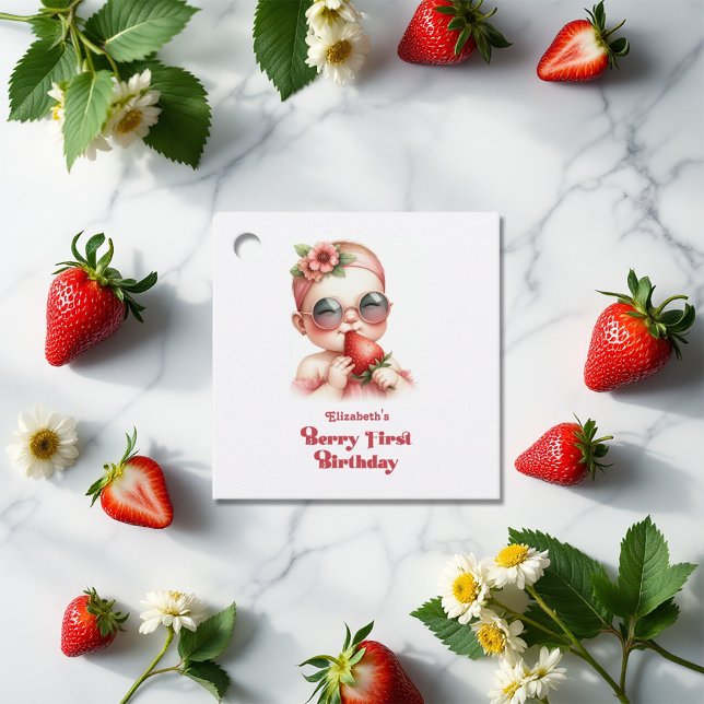 Étiquettes Cadeau En vichy rose et fraise Berry Premier anniversaire (Pink Gingham & Strawberry Berry First Birthday Favor Tags)